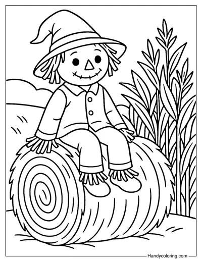 Scarecrow with Hay Bale Coloring Page