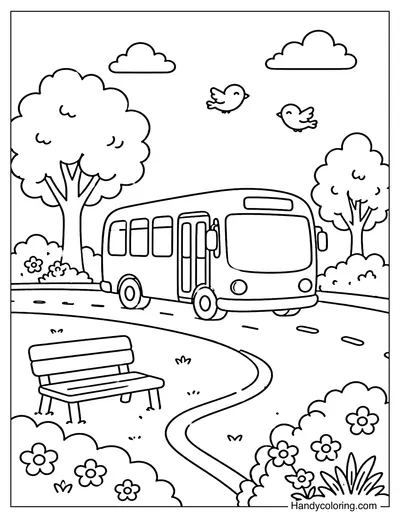 School Bus Passing a Park