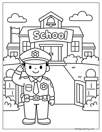 School Police Officer Standing at School Entrance