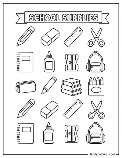 School Supplies Icon Grid Sheet