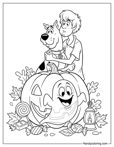 Scooby-Doo and Shaggy Hiding Behind a Giant Pumpkin