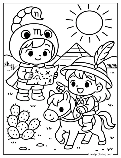 Scorpio and Sagittarius Desert Pyramid Quest Coloring Page