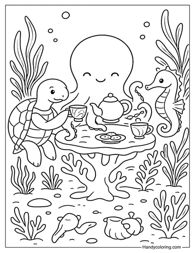 Sea Creatures Tea Party Coloring Page