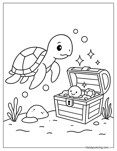 Sea Turtle and Treasure Chest Coloring Page