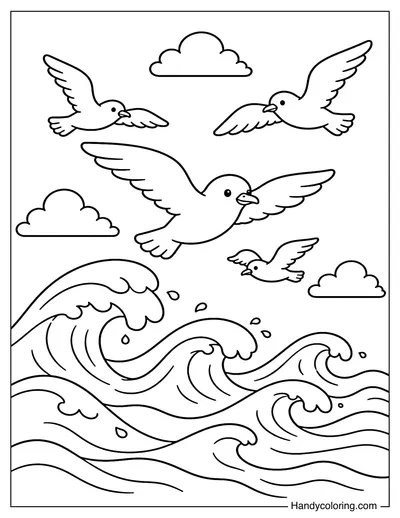 Seagulls Flying Above the Waves