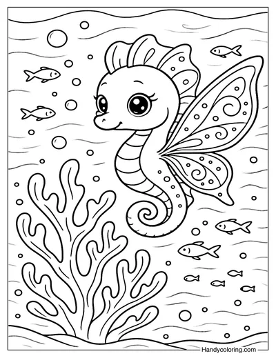 Seahorse Coral Bloom Coloring Page