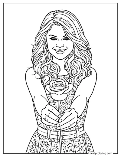 Selena Gomez Holding a Rose Coloring Page