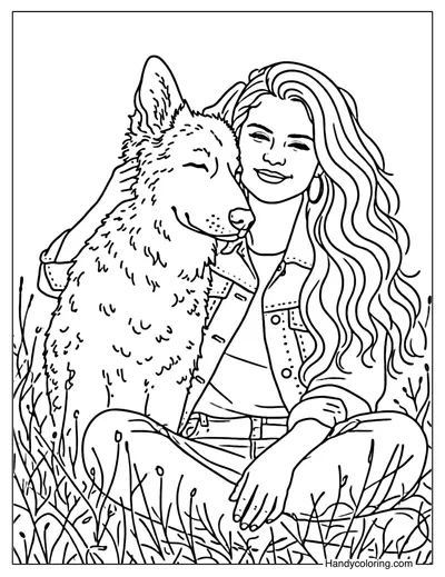 Selena Gomez with German Shepherd Coloring Page