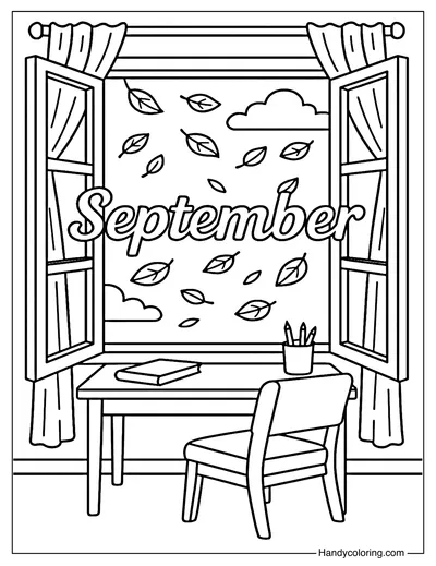 September Window Scene Coloring Page