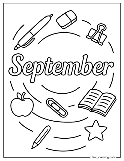 September with School Supplies Swirl Coloring Page