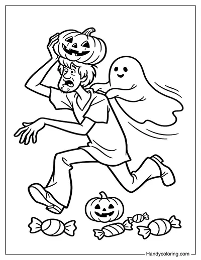 Shaggy Wearing a Pumpkin Hat Chased by a Ghost