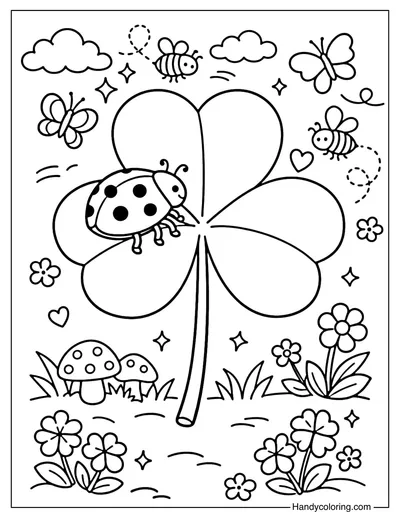 Shamrock with Ladybug Coloring Page