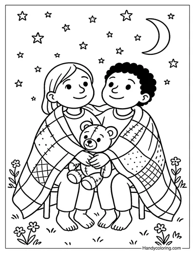 Sharing Blanket on a Cold Night Coloring Page