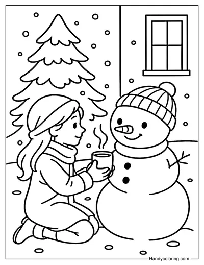 Sharing Cocoa with Snowman Coloring Page
