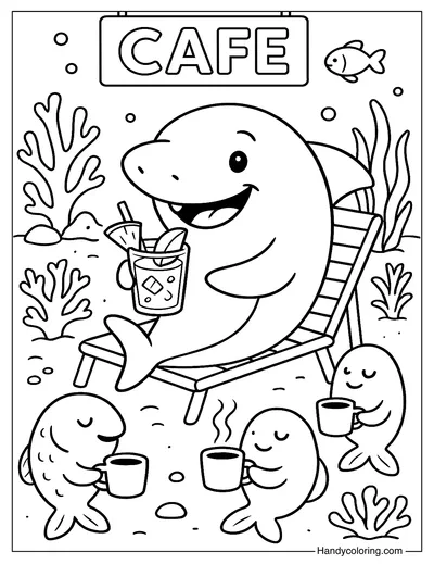 Shark Drinking Tropical Fruit Coffee Coloring Page