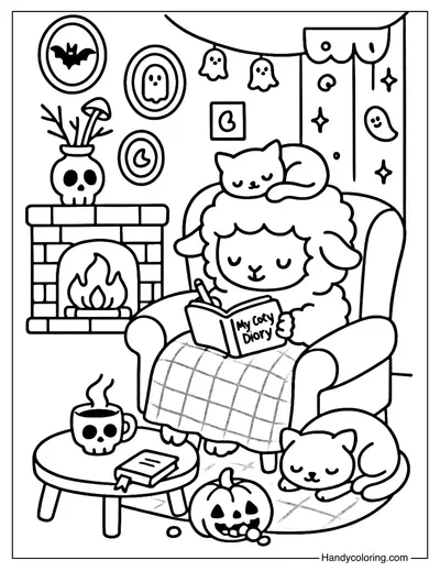 Sheep Halloween Diary Coloring Page