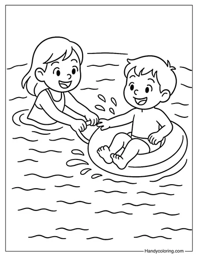 Siblings at the Pool Coloring Page