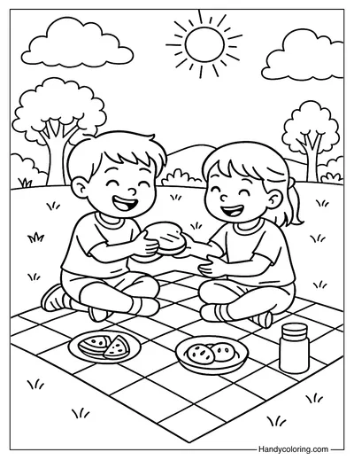 Siblings Picnic Coloring Page