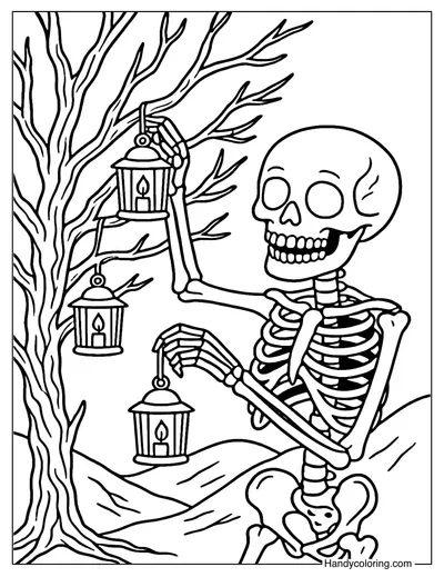 Skeleton and Fairy Lights Coloring Page