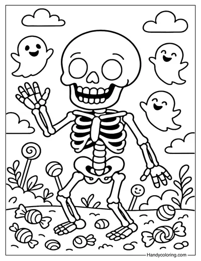 Skeleton and Ghost Friends Coloring Page