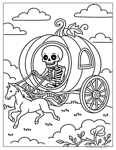 Skeleton and Pumpkin Carriage Coloring Page