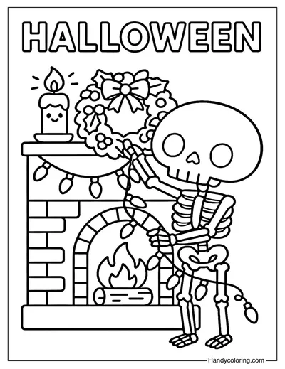 Skeleton Decorating Fireplace Coloring Page