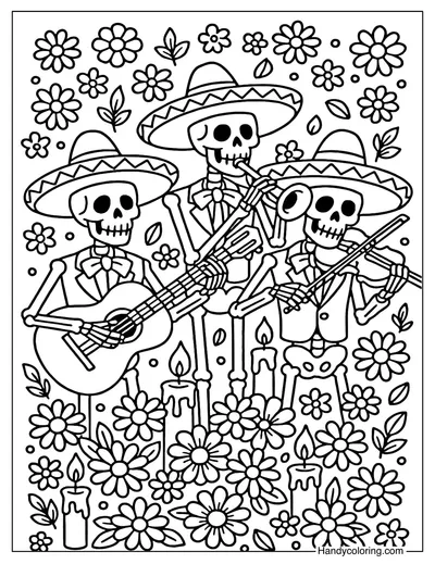 Skeleton Mariachi Band Coloring Page