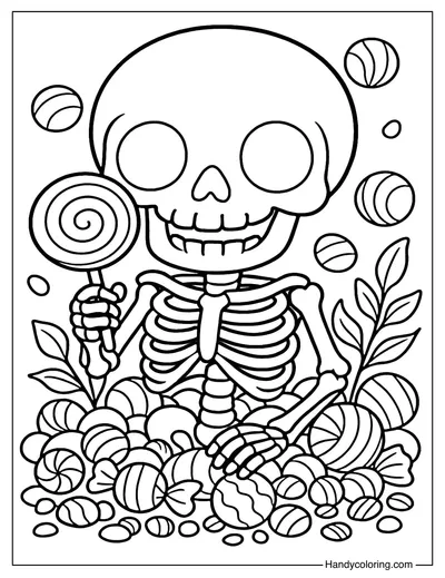 Skeleton with Candy Coloring Page
