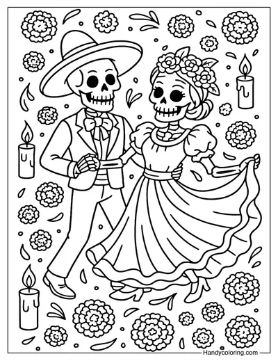Skeletons Dancing Couple Coloring Page