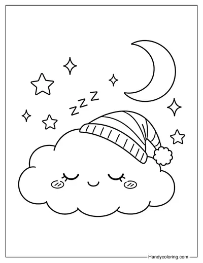 Sleeping Cloud with Moon Coloring Page