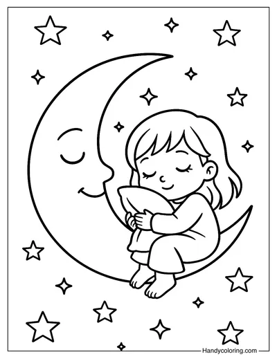 Sleeping Girl on the Moon Coloring Page