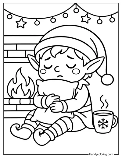 Sleepy Christmas Elf Coloring Page