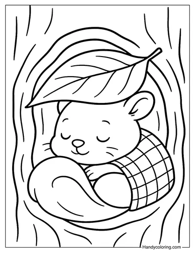 Sleepy Squirrel in a Tree Hollow Coloring Page