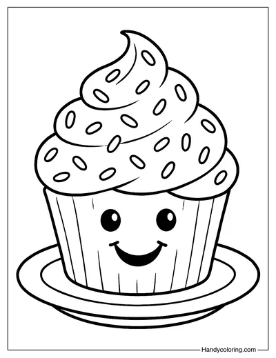 Smiling Cupcake Coloring Page