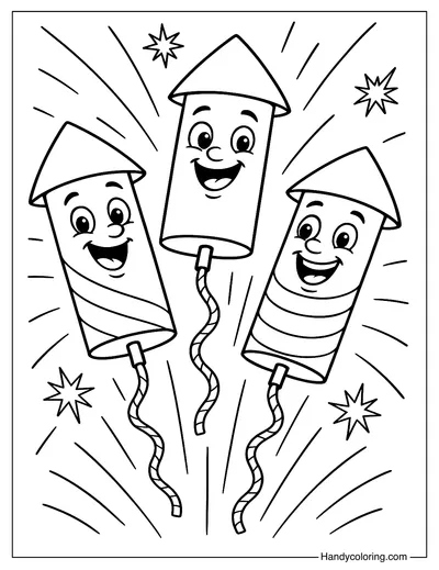 Smiling Firework Rockets Coloring Page