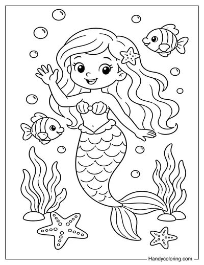 Smiling Mermaid Waving to Little Fish