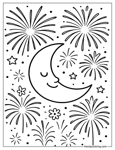 Smiling Moon and Fireworks Coloring Page