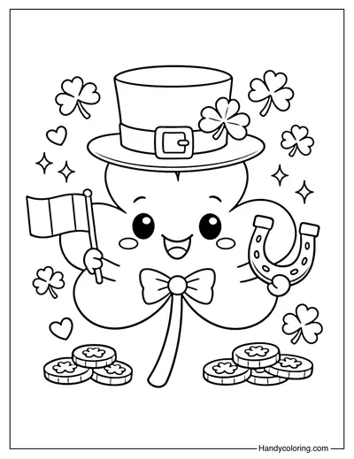 Smiling Shamrock with Bowtie Coloring Page