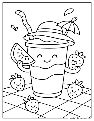Smiling Strawberry Smoothie Coloring Page