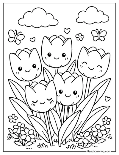 Smiling Tulips Coloring Page