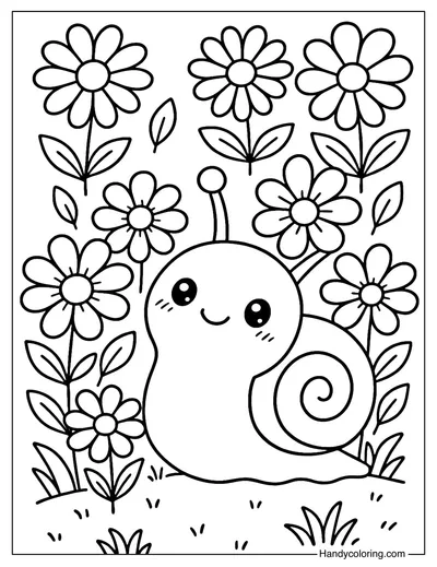 Snail in Flower Garden Coloring Page
