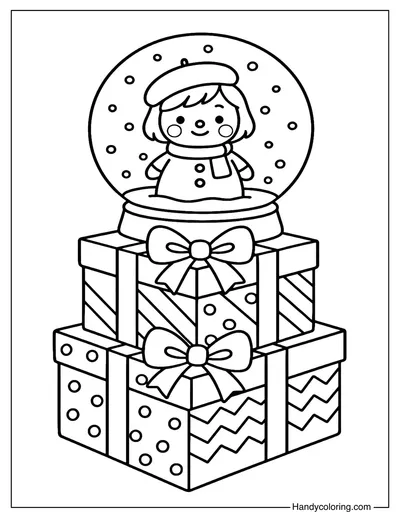 Snow Globe on Gift Boxes Coloring Page