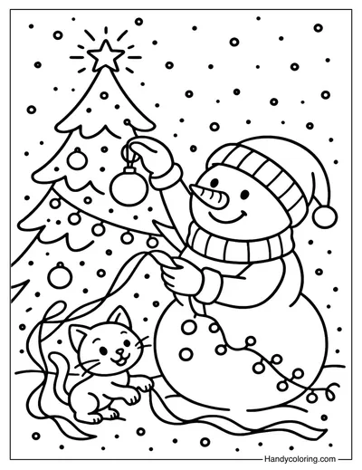 Snowman Decorating Xmas Tree Coloring Page