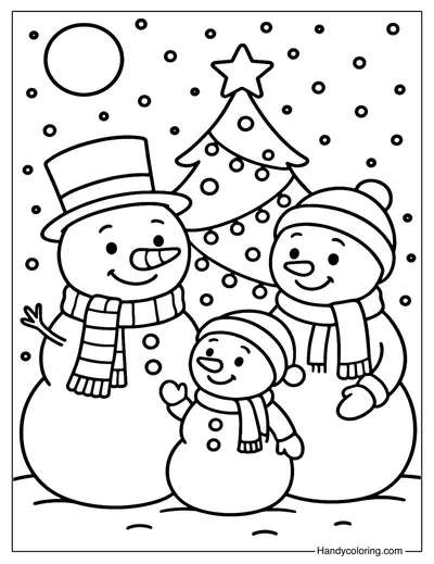 Snowman Family on Christmas Eve Coloring Page