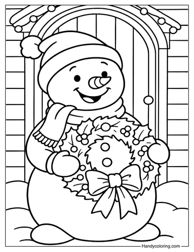Snowman Holding Christmas Wreath Coloring Page