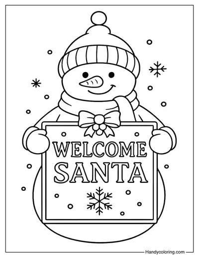Snowman Welcome Santa Sign Coloring Page