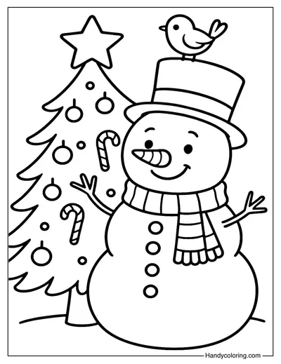 Snowman with Christmas Tree Coloring Page