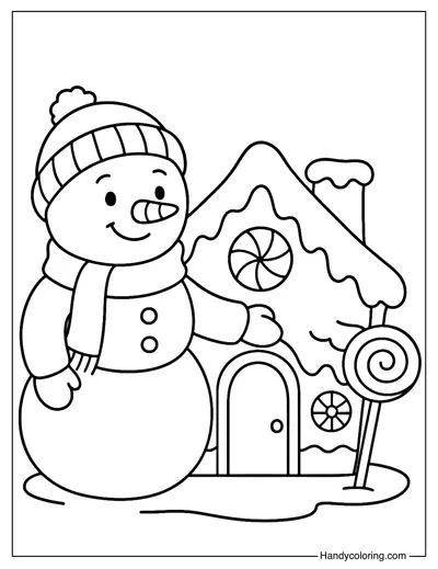 Snowman with Gingerbread House Coloring Page