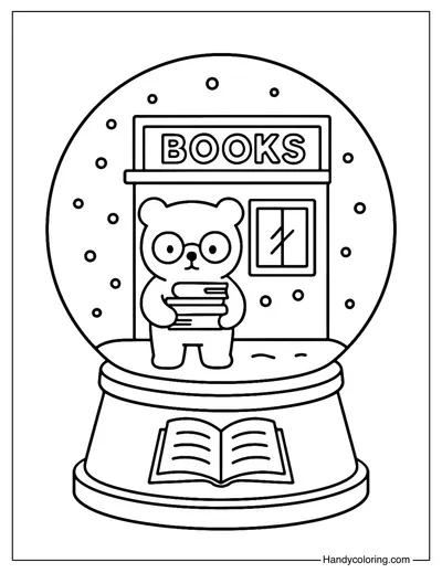 Snowy Bookshop Bear Snow Globe Coloring Page