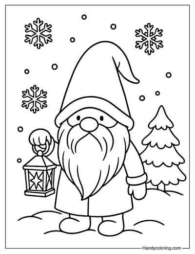 Snowy Lantern Christmas Gnome Coloring Page